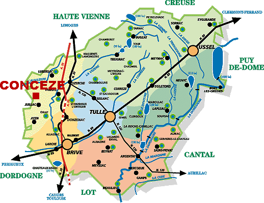 Carte de la Corrèze avec situation de Concèze.