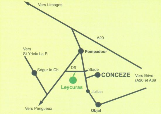 Plan d'acces depuis l'autoroute A20 de la ferme Vergers de Leycuras situé sur la commune de Concèze en Corrèze dans le Limousin
